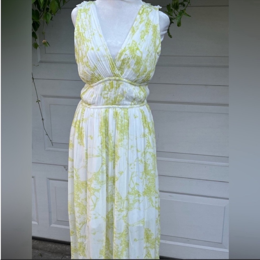 Women All Saints Avery Marama Maxi Dress Citrus Yellow Green Toile Pattern 8NWT